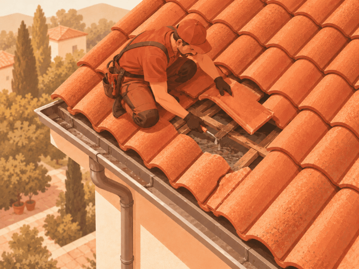 Artisan réparant une toiture en tuiles